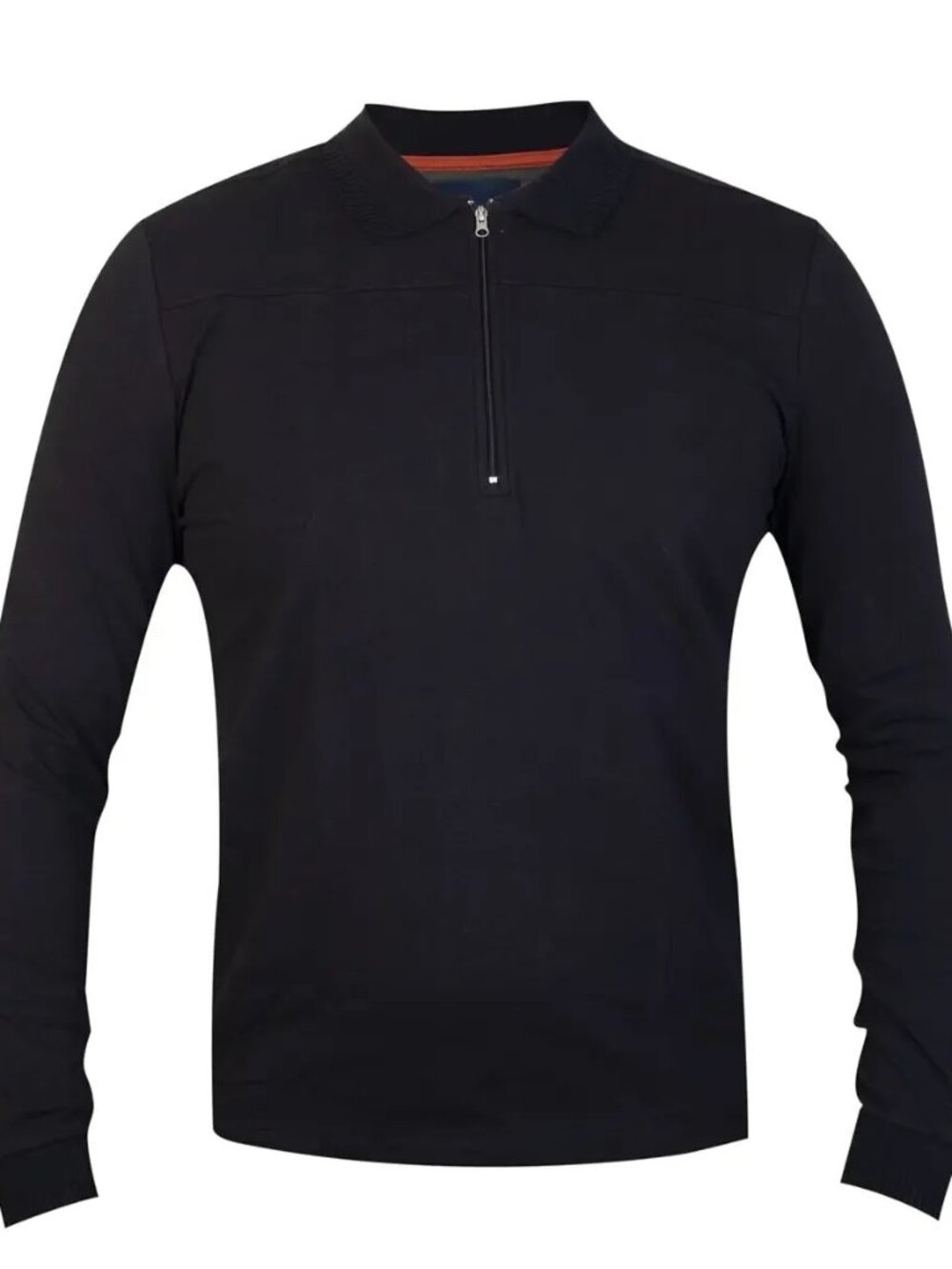 Guide London Black Solid Jersey Knit Front Zip Long Sleeve Polo